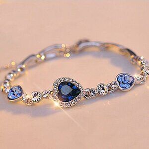 New Womens Heart Blue Sapphire Cubic Zirconia Silver Bracelet